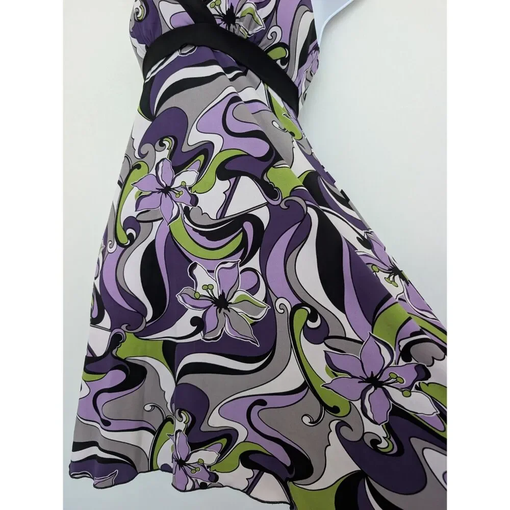 Y2K Abstract Floral Swirl Babydoll Sleeveless Jersey Stretch Dress Sz S